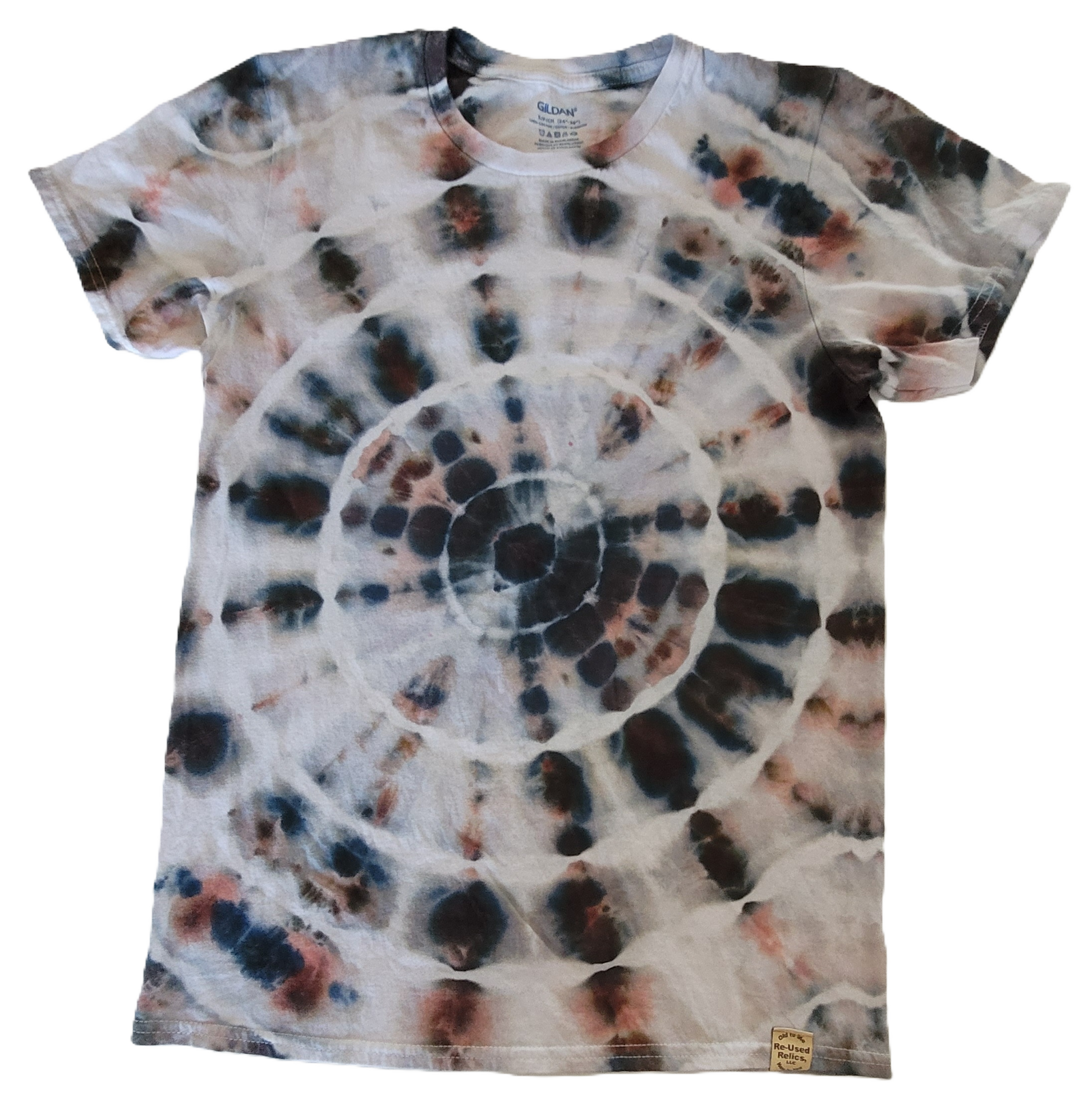Tie-dye t-shirt with a spiral pattern on a white background