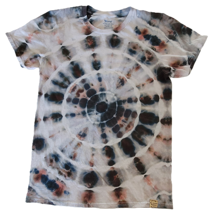 Tie-dye t-shirt with a spiral pattern on a white background