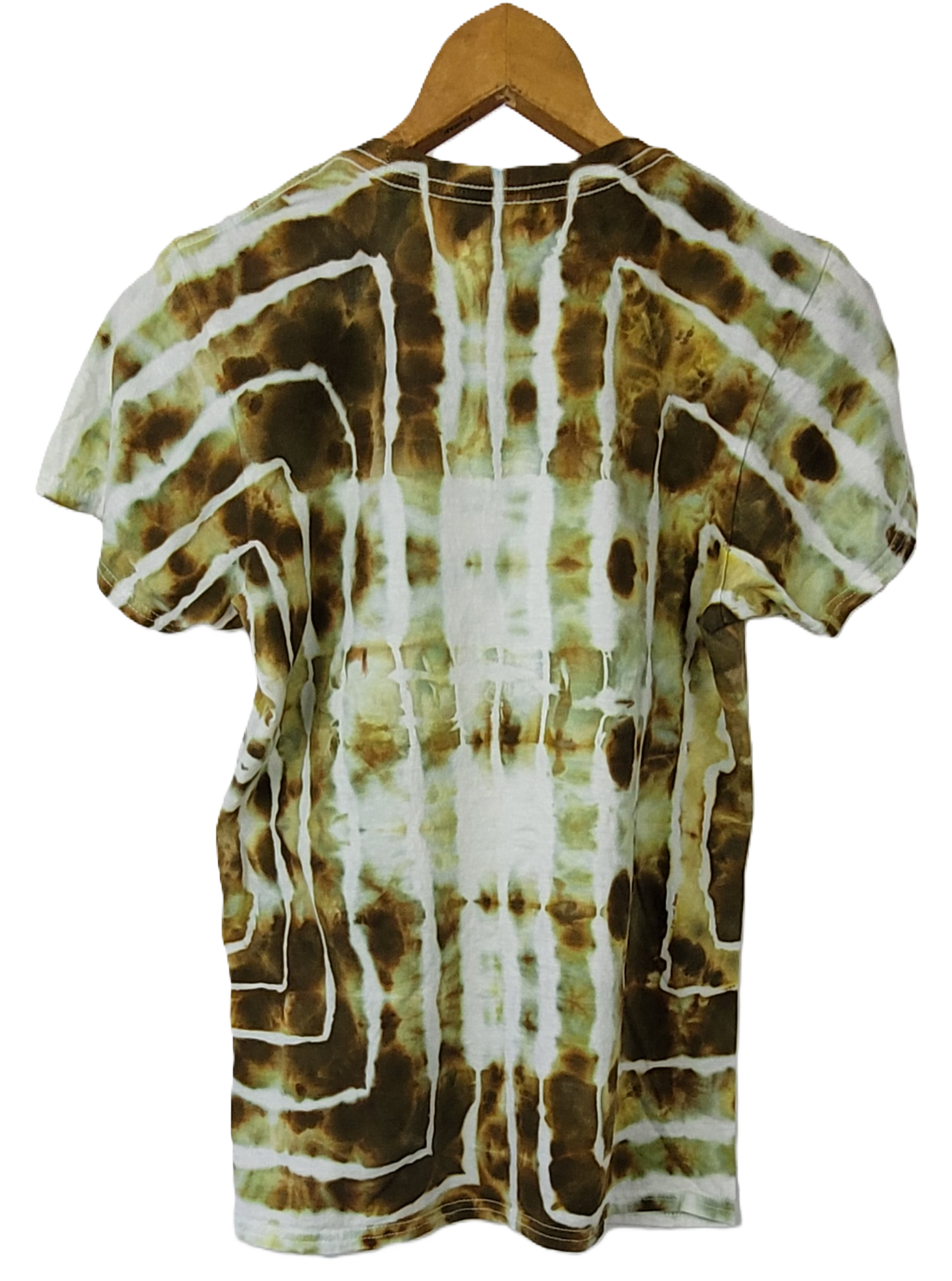 Tie-dye t-shirt with brown and white pattern on a hanger