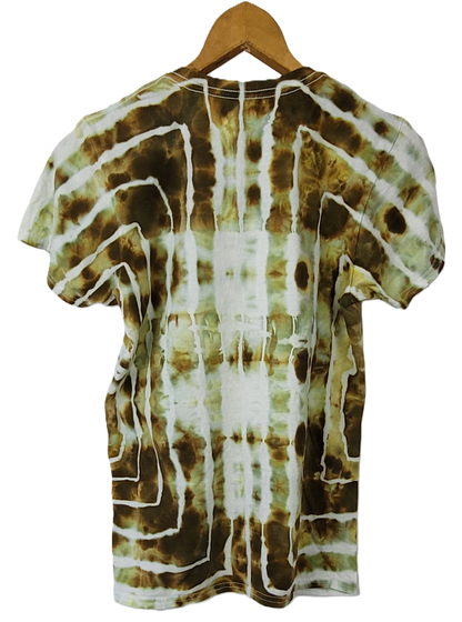 Tie-dye t-shirt with brown and white pattern on a hanger