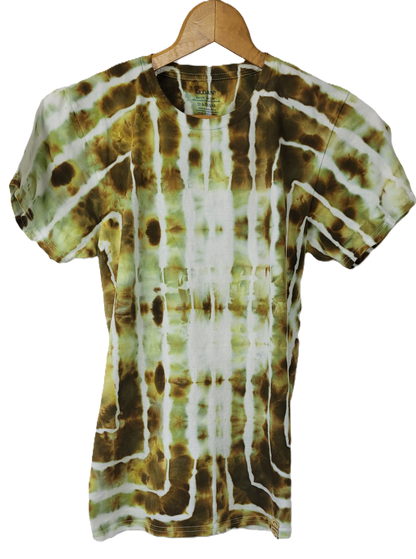 Tie-dye t-shirt with brown and white pattern on a hanger