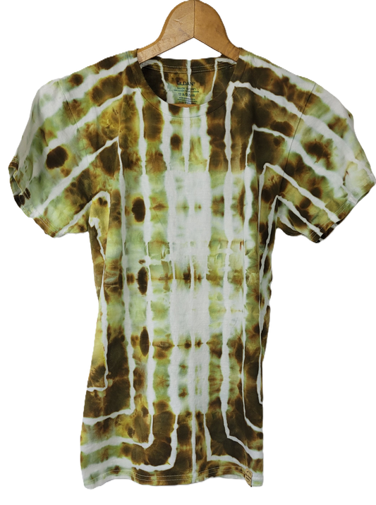 Tie-dye t-shirt with brown and white pattern on a hanger