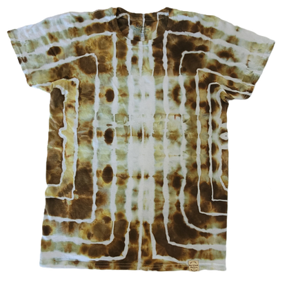 Tie-dye t-shirt with brown and white pattern on a white background