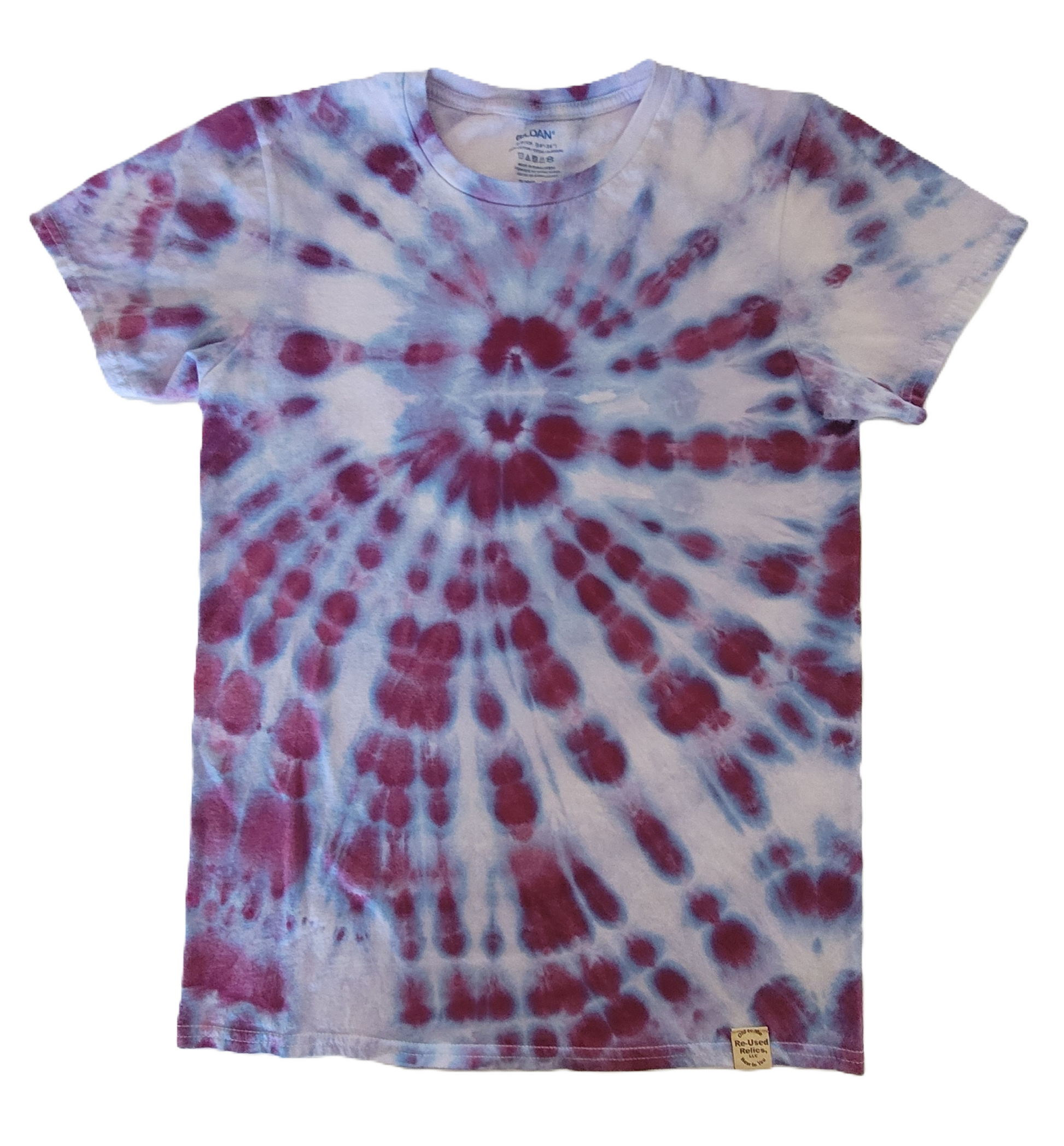 Tie-dye t-shirt with red and blue spiral pattern on a white background