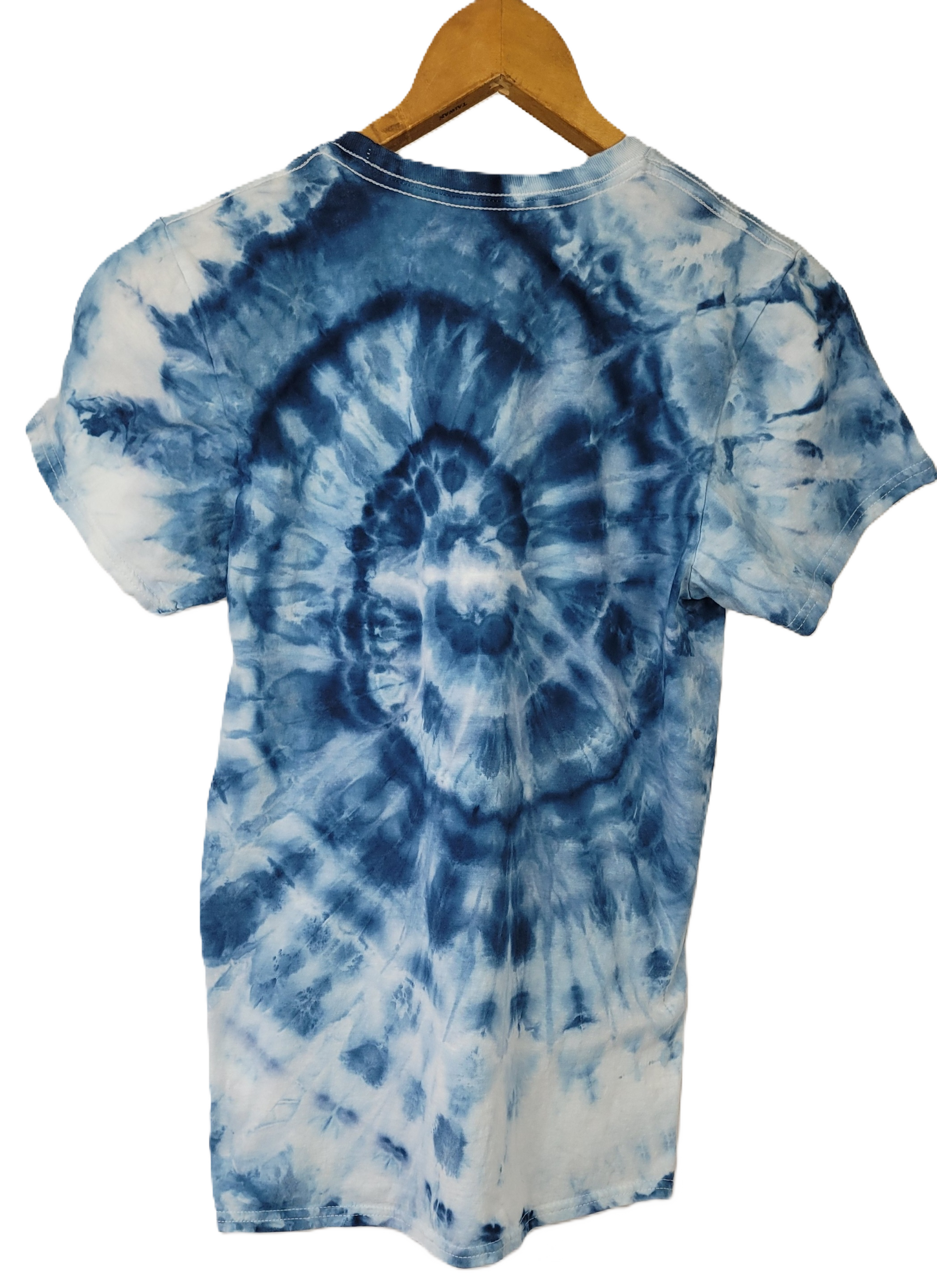 Blue and white tie-dye t-shirt on a wooden hanger against a white background