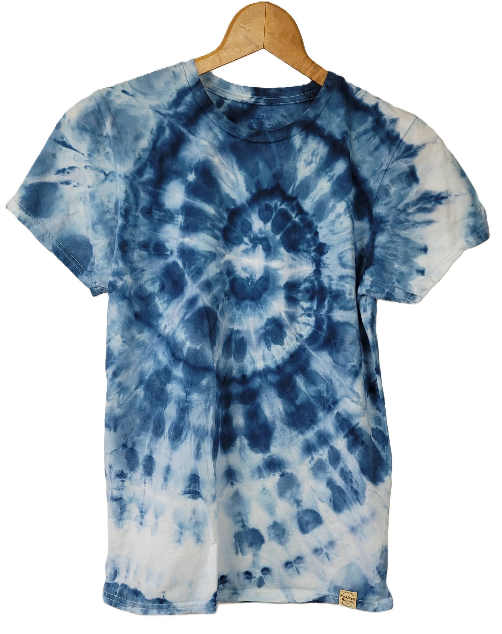 Tie-dye t-shirt with blue and white spiral pattern on a hanger against a white background