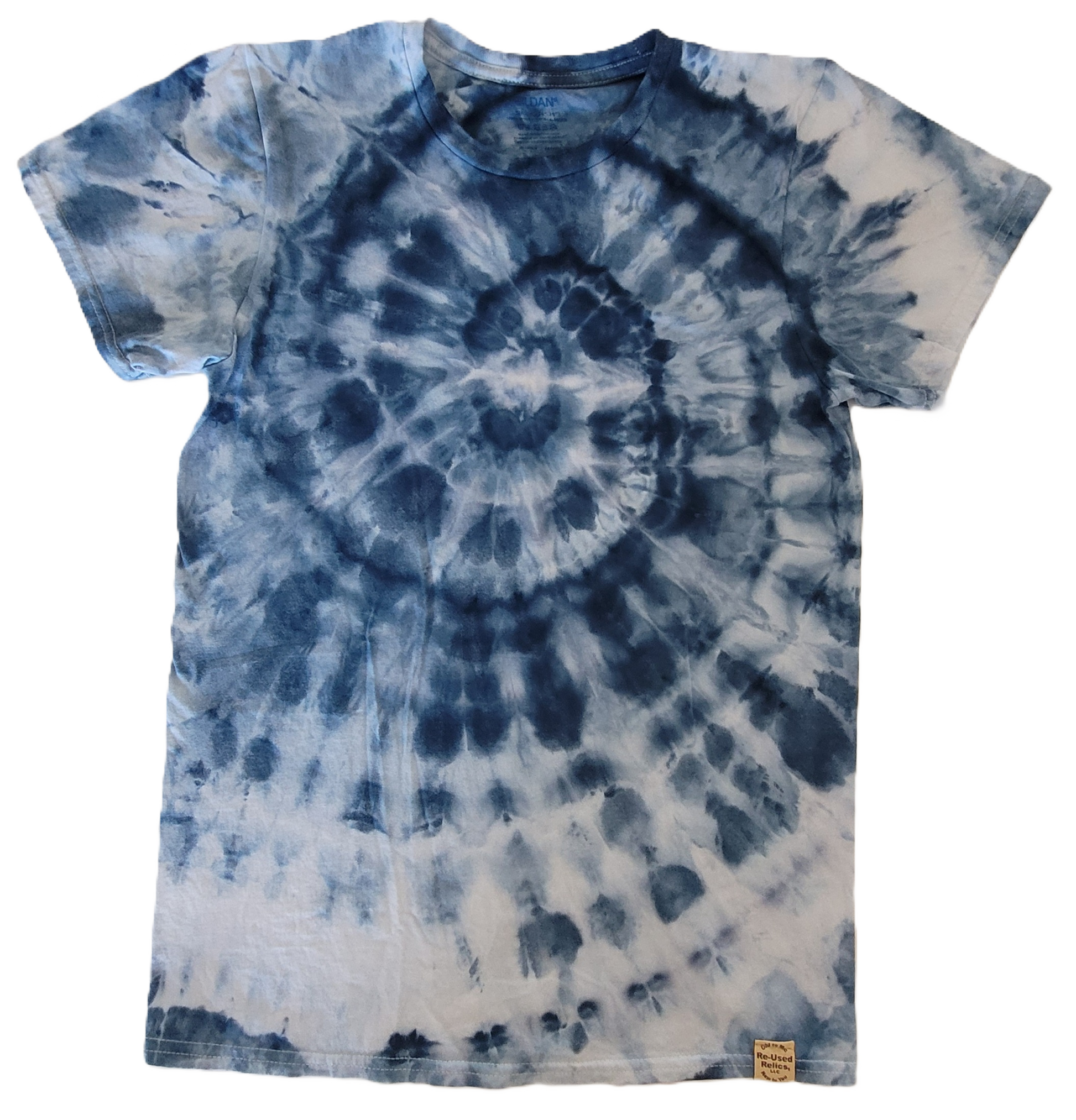 Tie-dye t-shirt with blue and white pattern on a white background