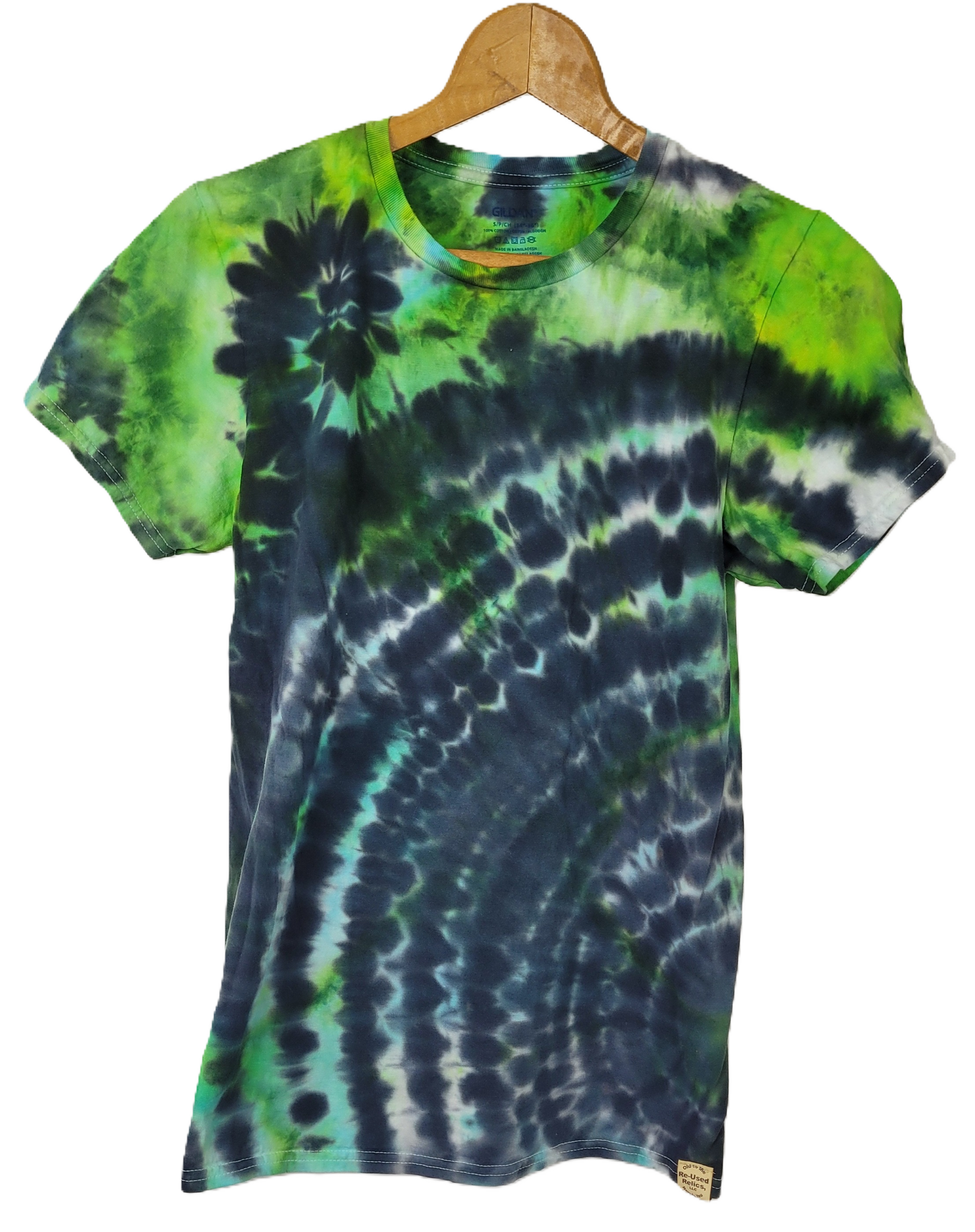 Tie-dye t-shirt with green and blue patterns on a hanger