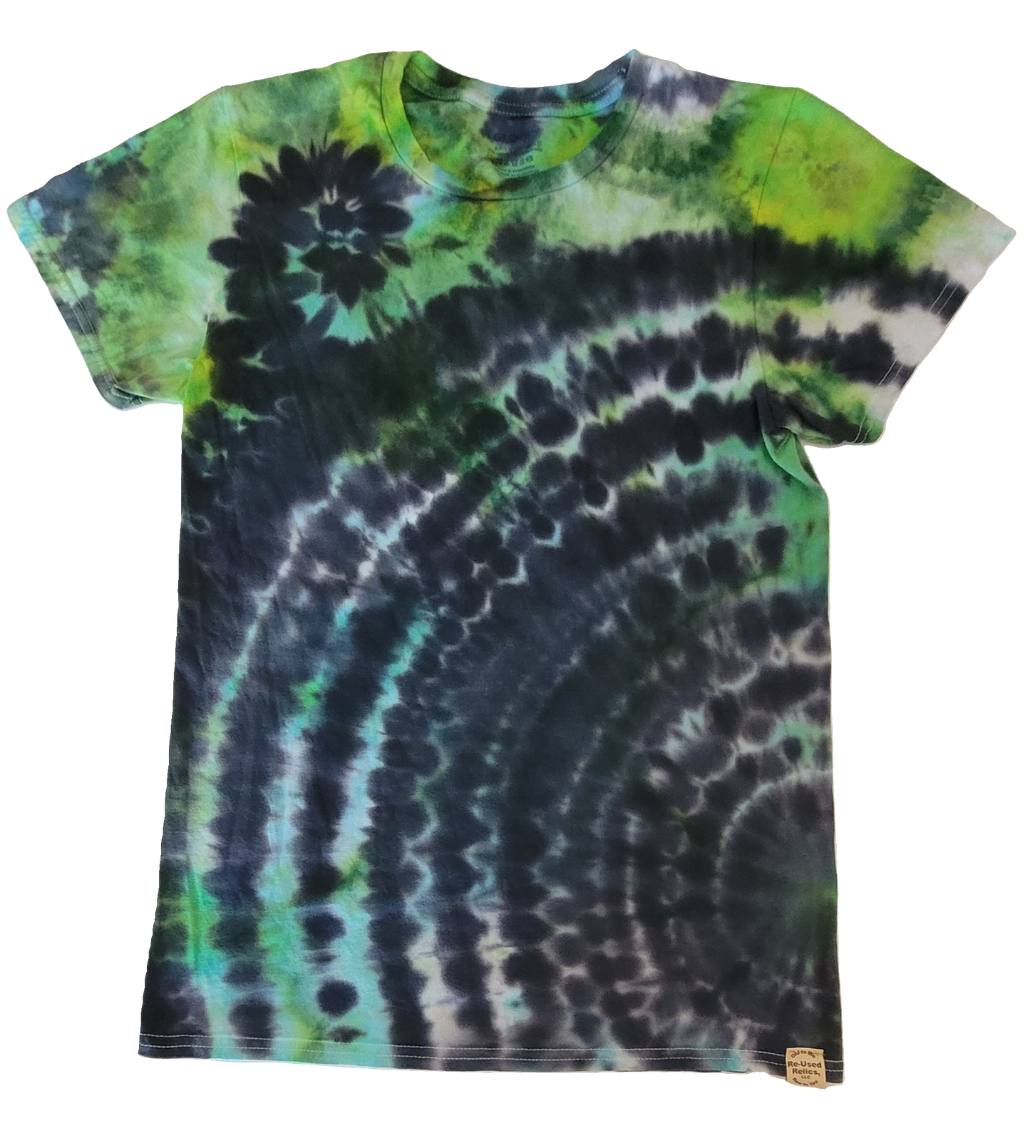 Tie-dye t-shirt with green and black pattern on a white background