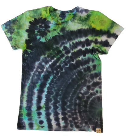 Tie-dye t-shirt with green and black pattern on a white background