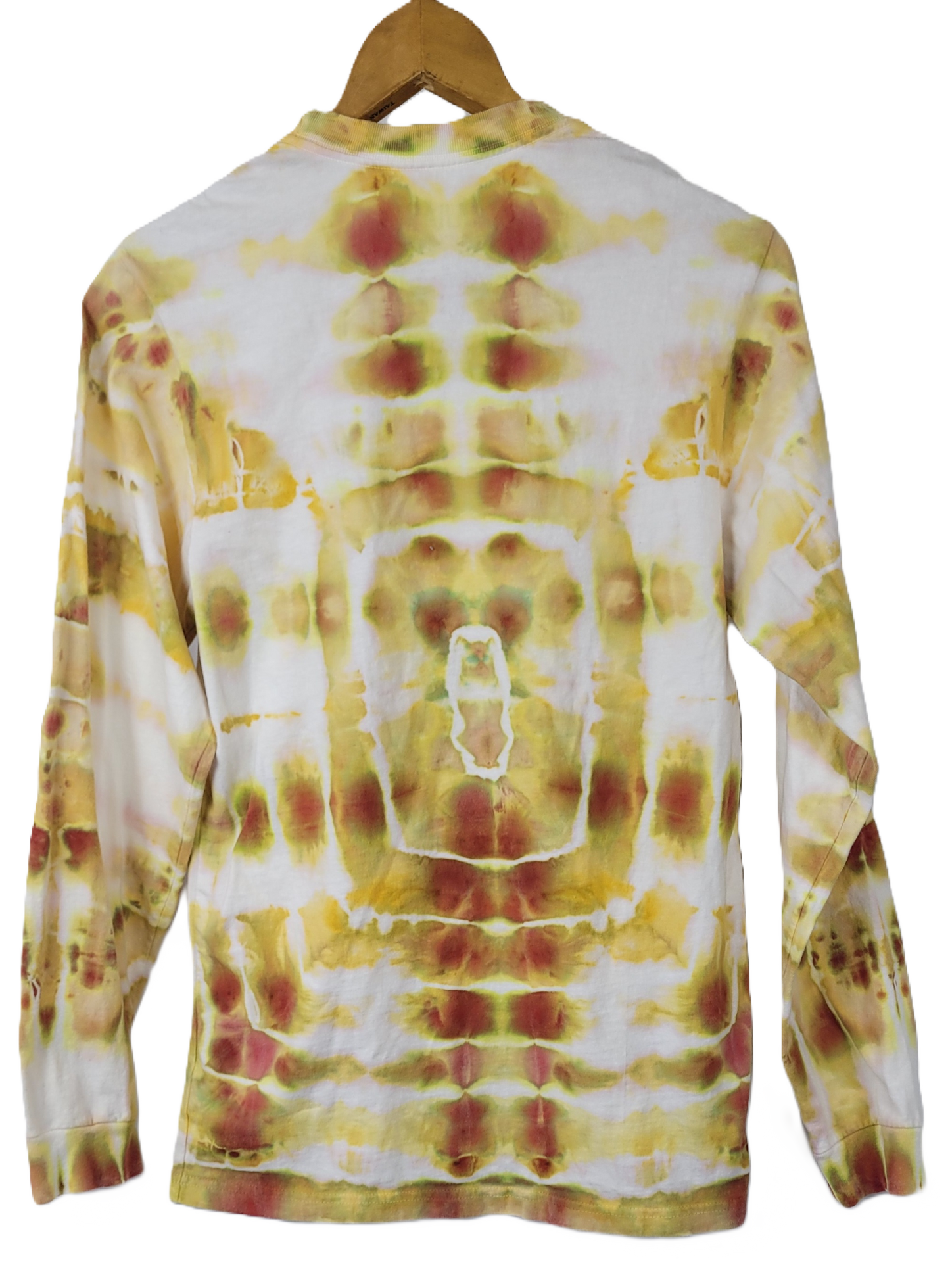 Tie-dye long-sleeve shirt with yellow and red patterns on a white background