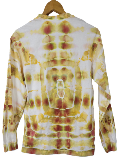 Tie-dye long-sleeve shirt with yellow and red patterns on a white background