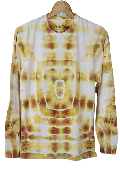 Tie-dye long-sleeve shirt with a 'Solid State' brand label on a hanger.
