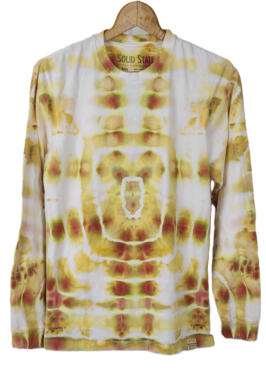 Tie-dye long-sleeve shirt with a 'Solid State' brand label on a hanger.
