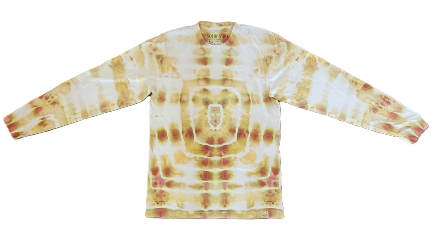 Tie-dye long-sleeve shirt with a spiral pattern on a white background