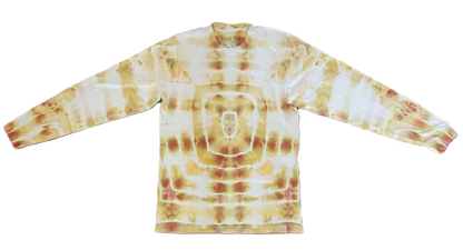 Tie-dye long-sleeve shirt with a spiral pattern on a white background