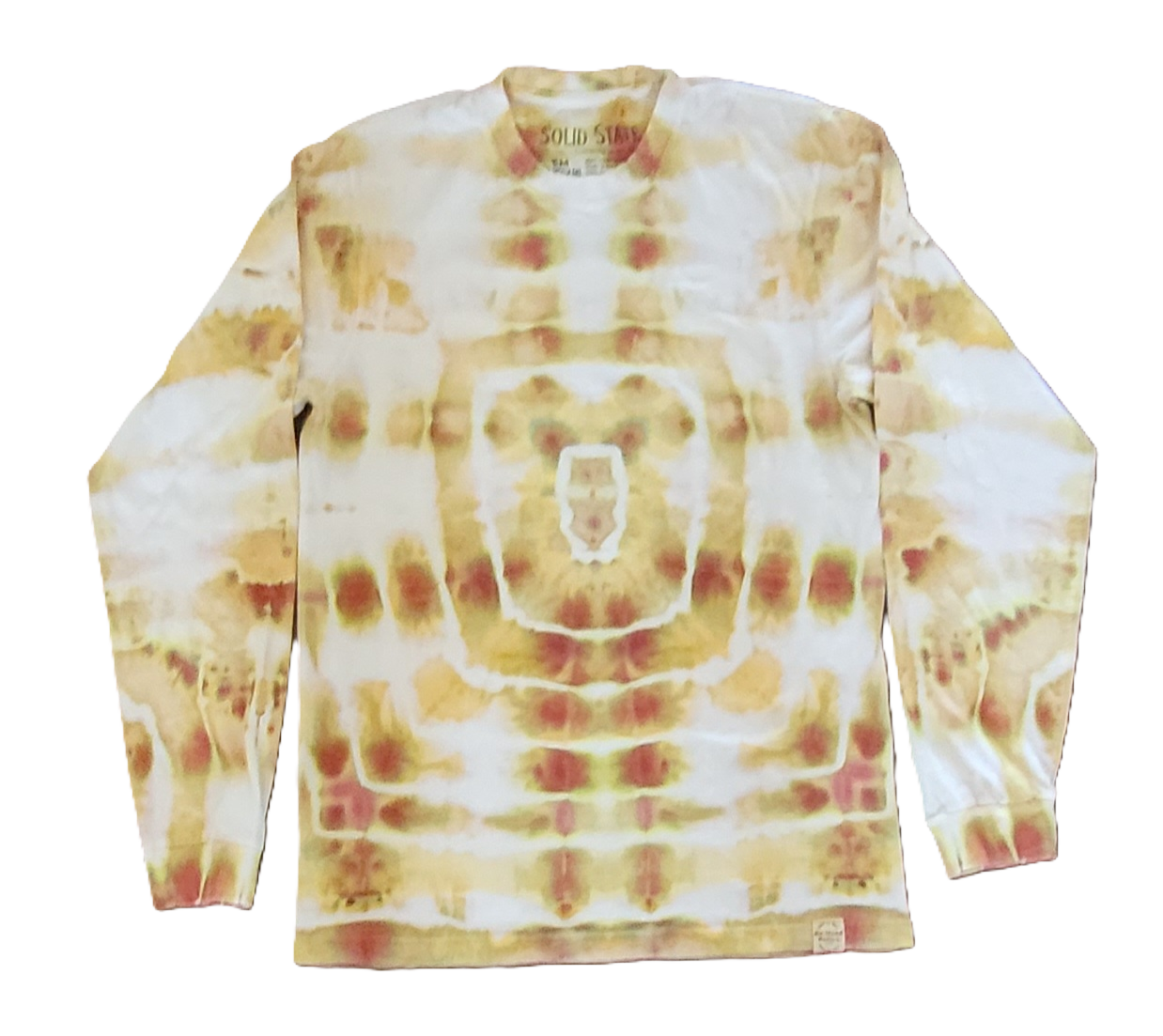 Tie-dye long-sleeve shirt with a circular pattern on a white background