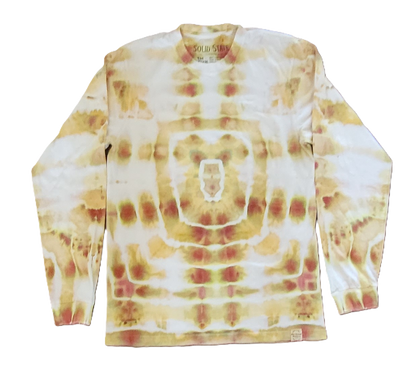 Tie-dye long-sleeve shirt with a circular pattern on a white background