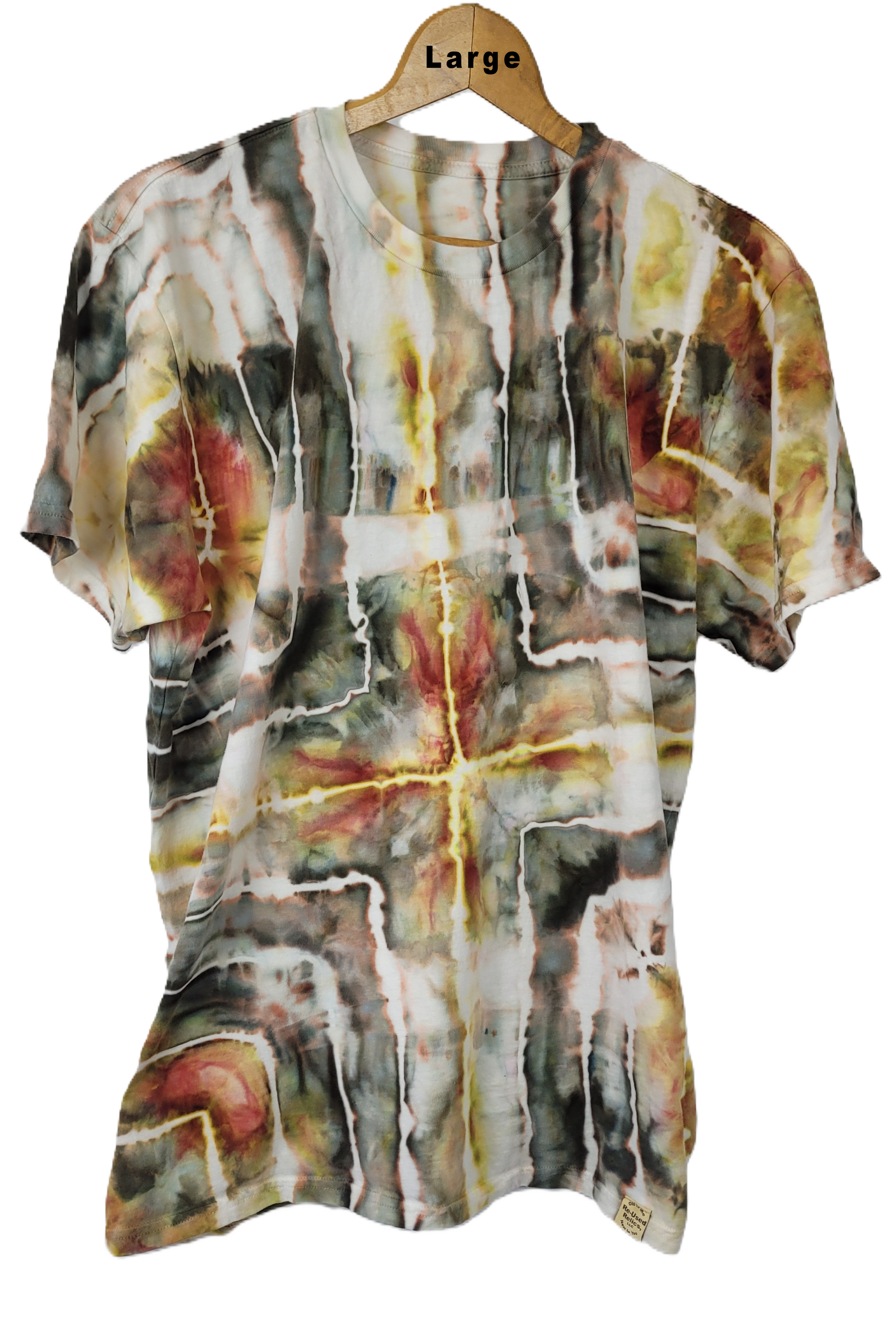 Tie-dye shirt on a hanger with a white background
