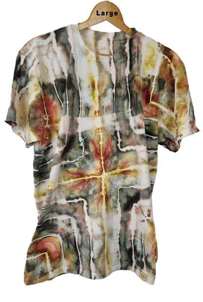 Tie-dye shirt on a hanger with a white background