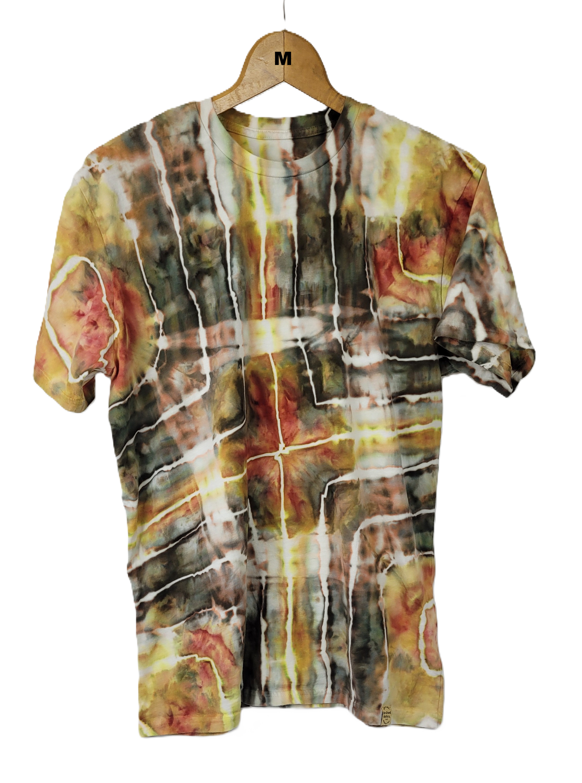 T-shirt with abstract multicolor design on a hanger