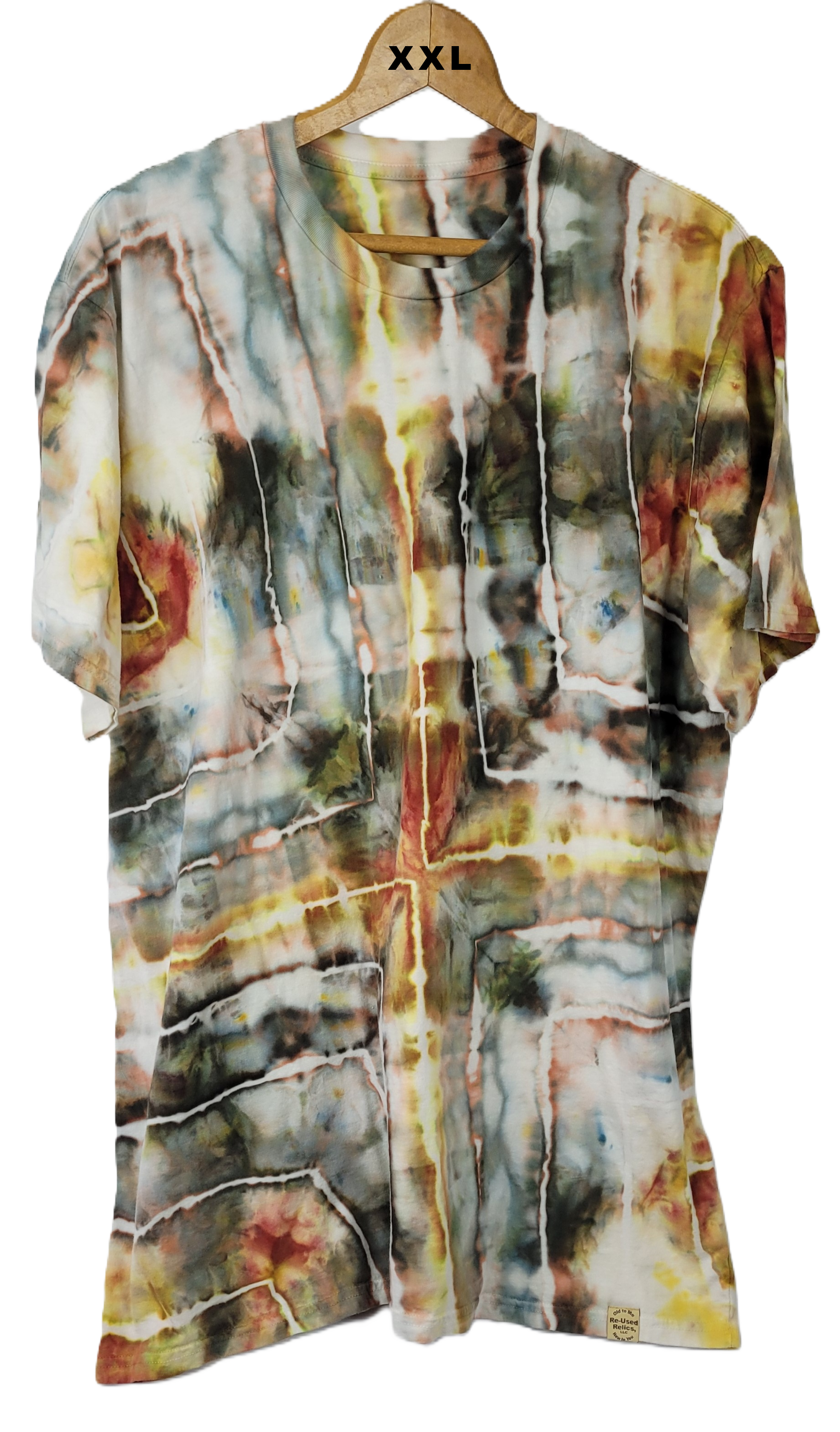 Multicolored tie-dye shirt on a hanger with 'XXL' label