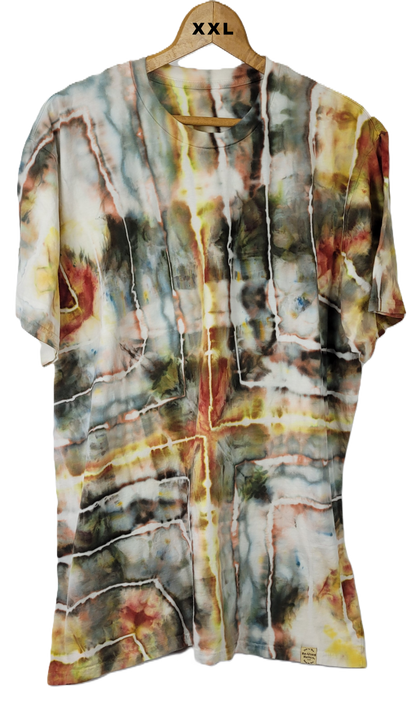 Multicolored tie-dye shirt on a hanger with 'XXL' label