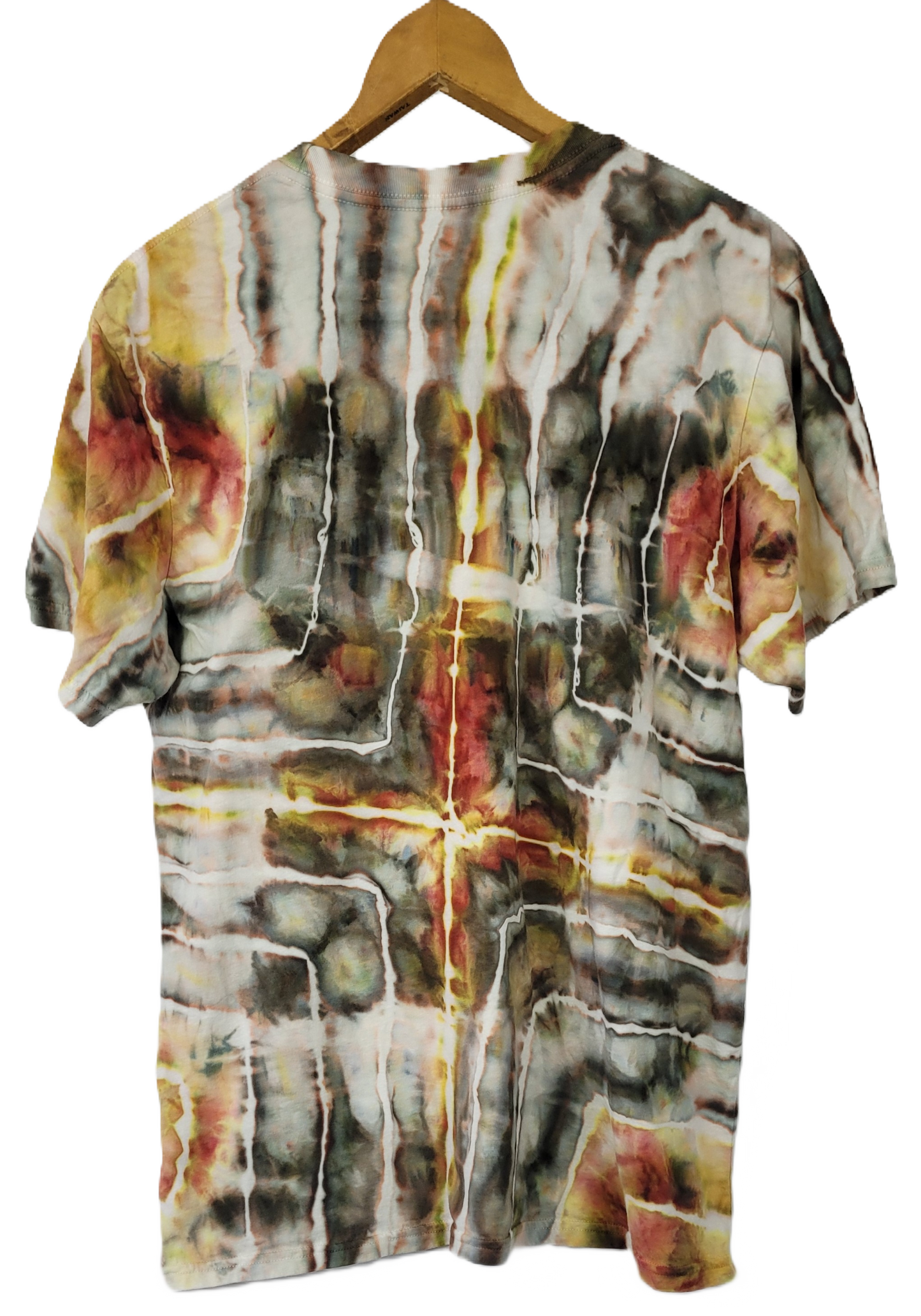 Short-sleeve shirt with abstract multicolor design on a hanger against a white background