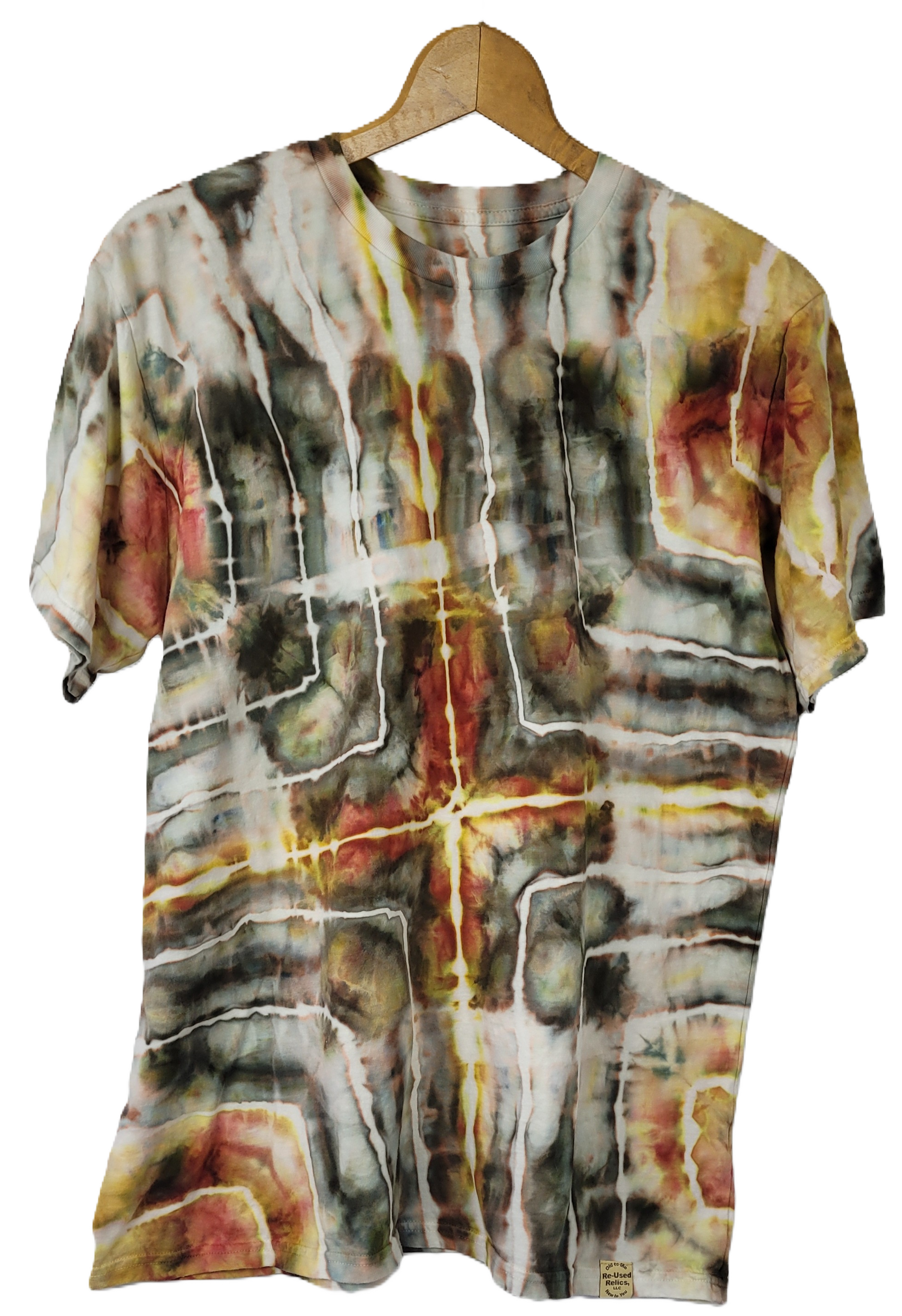 Tie-dye shirt on a hanger with abstract pattern