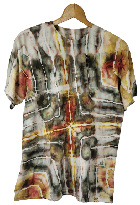 Tie-dye shirt on a hanger with abstract pattern
