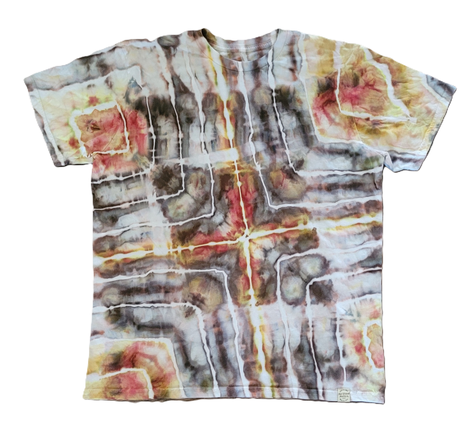 Tie-dye t-shirt with abstract pattern on a white background