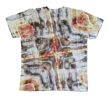 Tie-dye t-shirt with abstract pattern on a white background