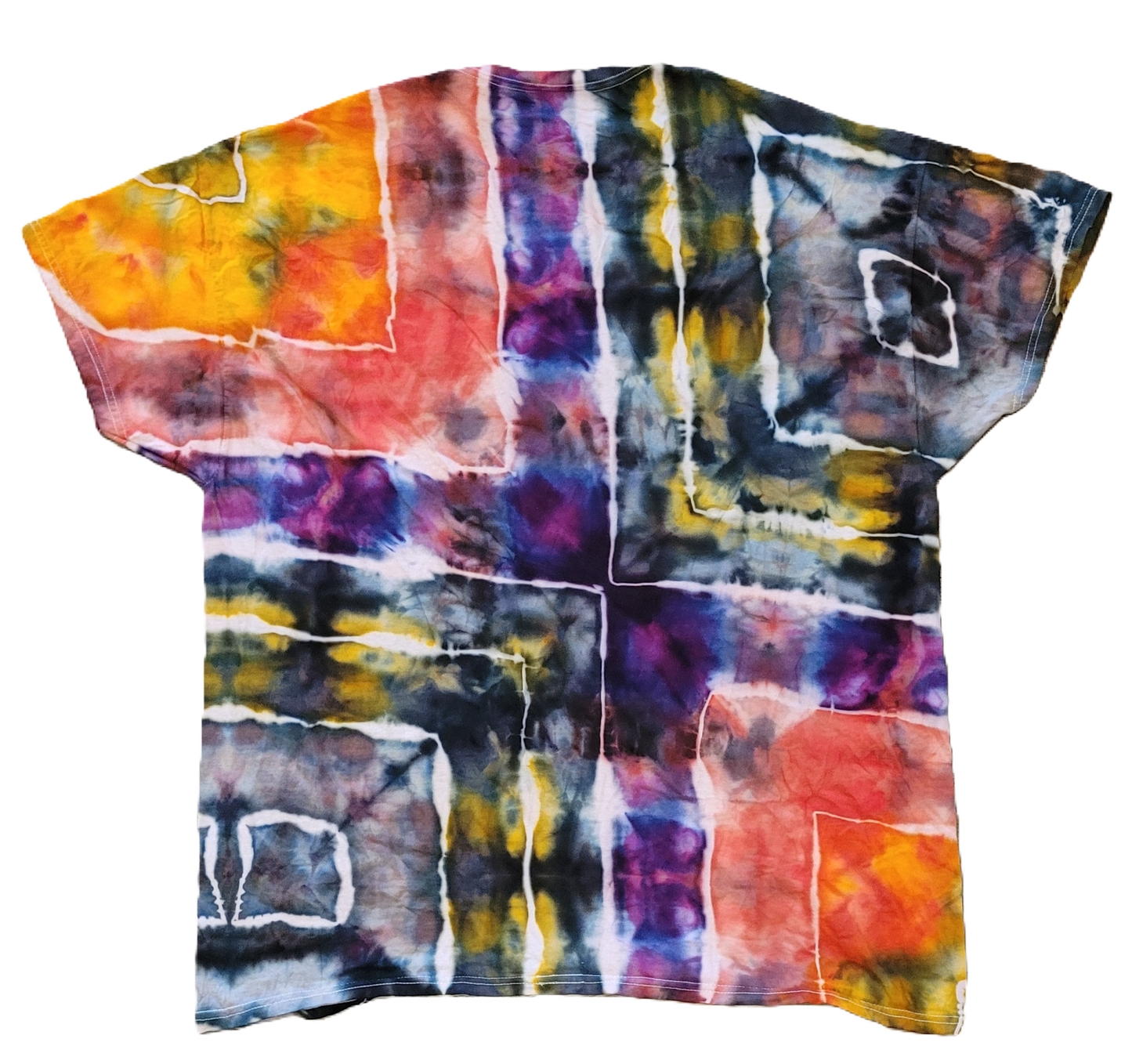 Colorful tie-dye shirt with abstract patterns on a white background