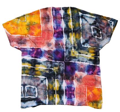 Colorful tie-dye shirt with abstract patterns on a white background