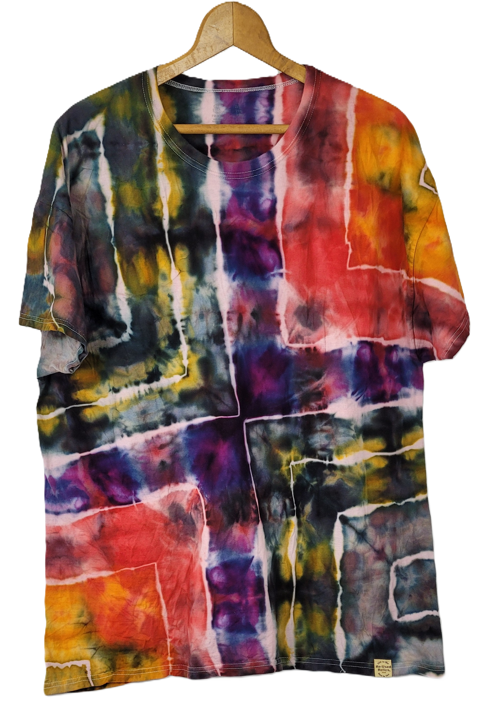 Colorful tie-dye shirt on a hanger against a white background
