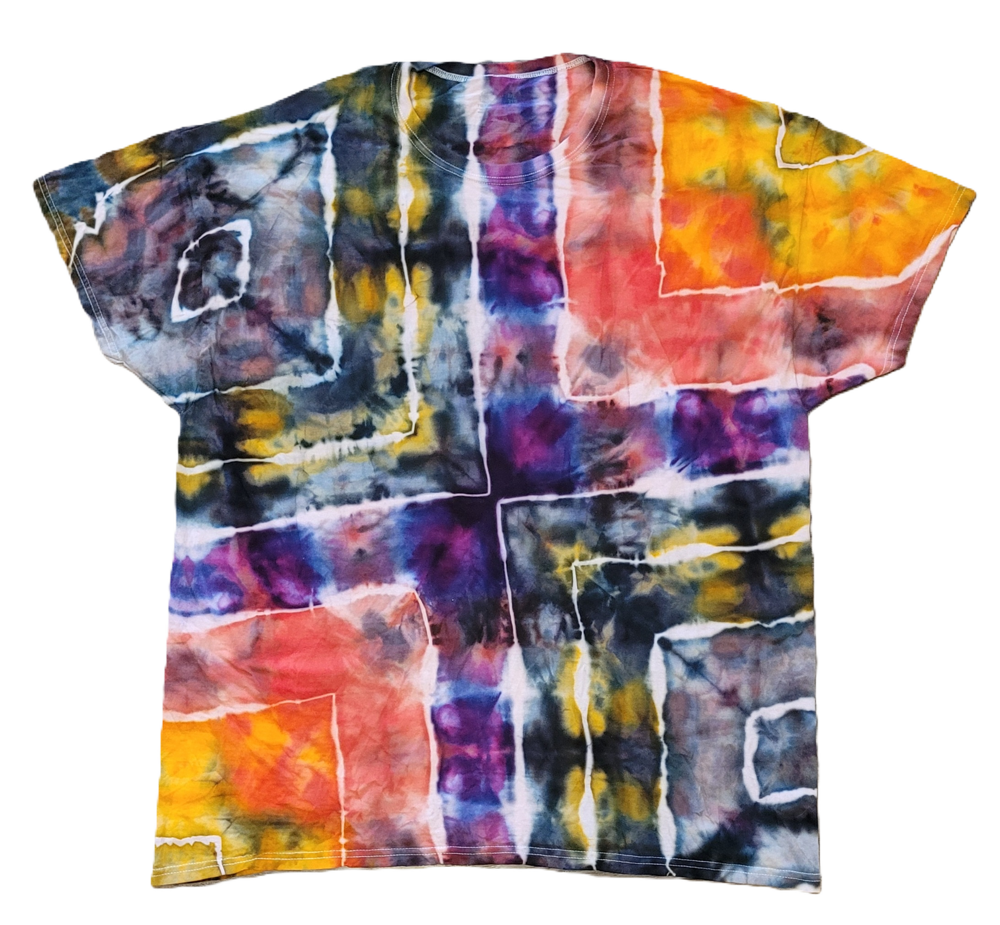 Multicolored tie-dye t-shirt on a white background