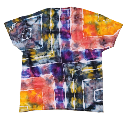 Multicolored tie-dye t-shirt on a white background