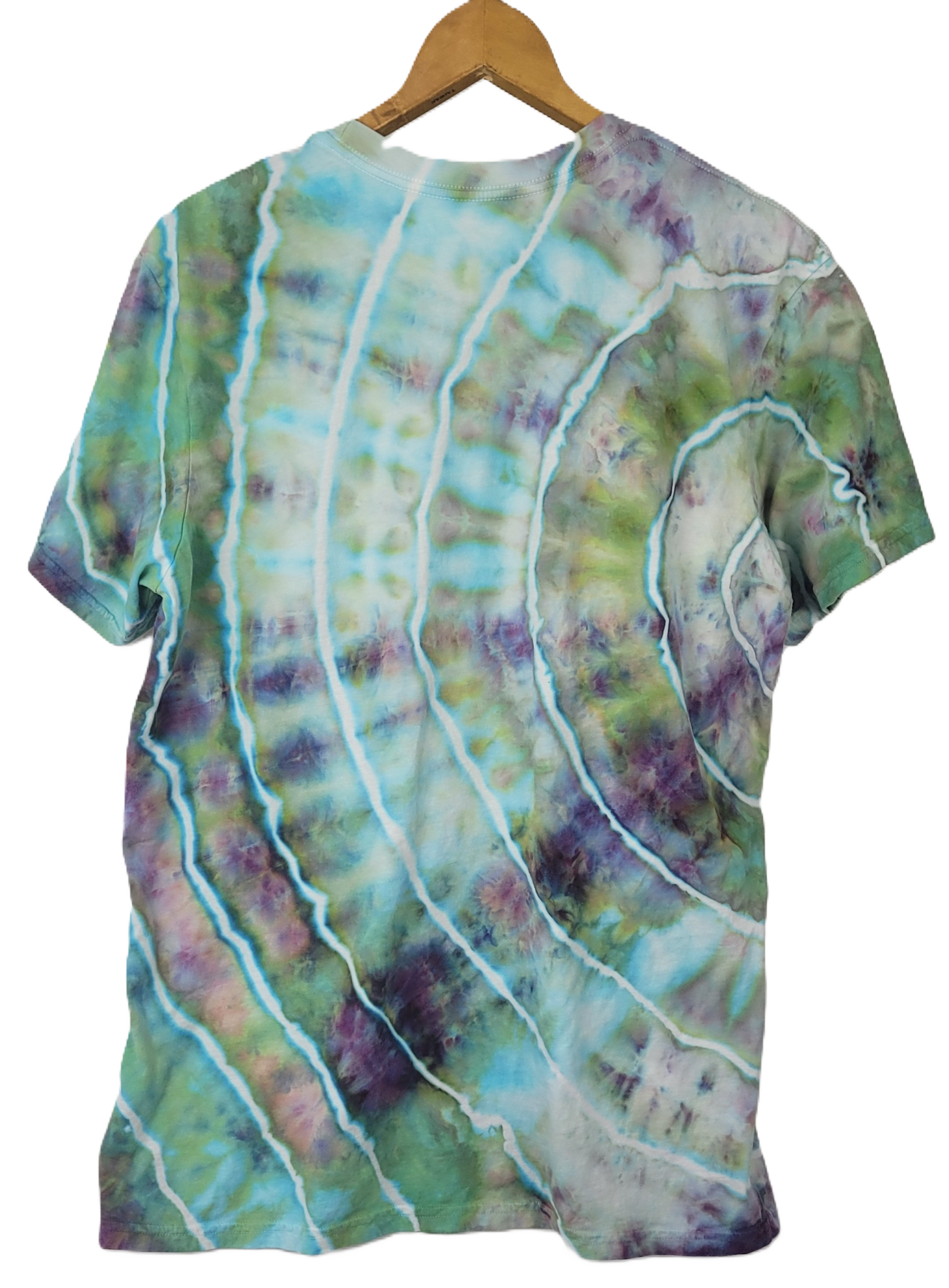 Tie-dye t-shirt with wavy pattern on a hanger
