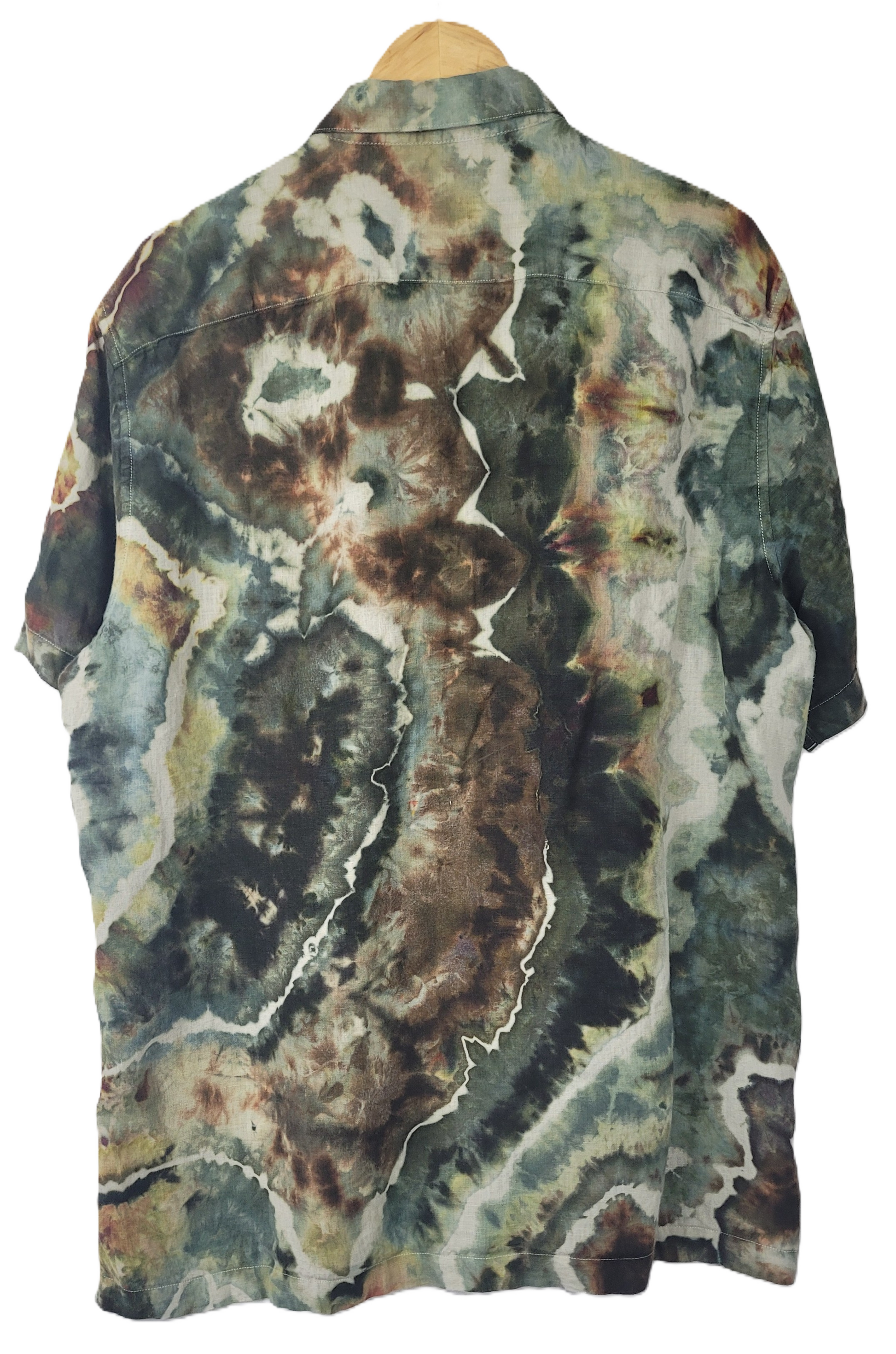 Short-sleeve shirt with a tie-dye pattern on a white background