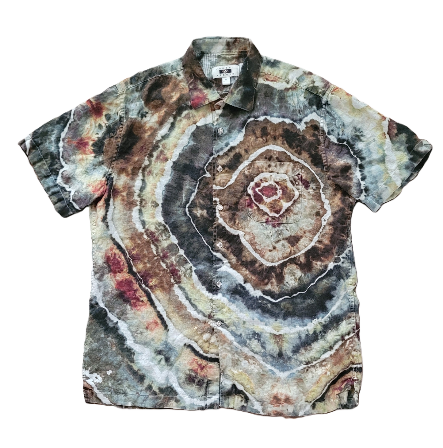 Short-sleeve shirt with a tie-dye pattern on a white background