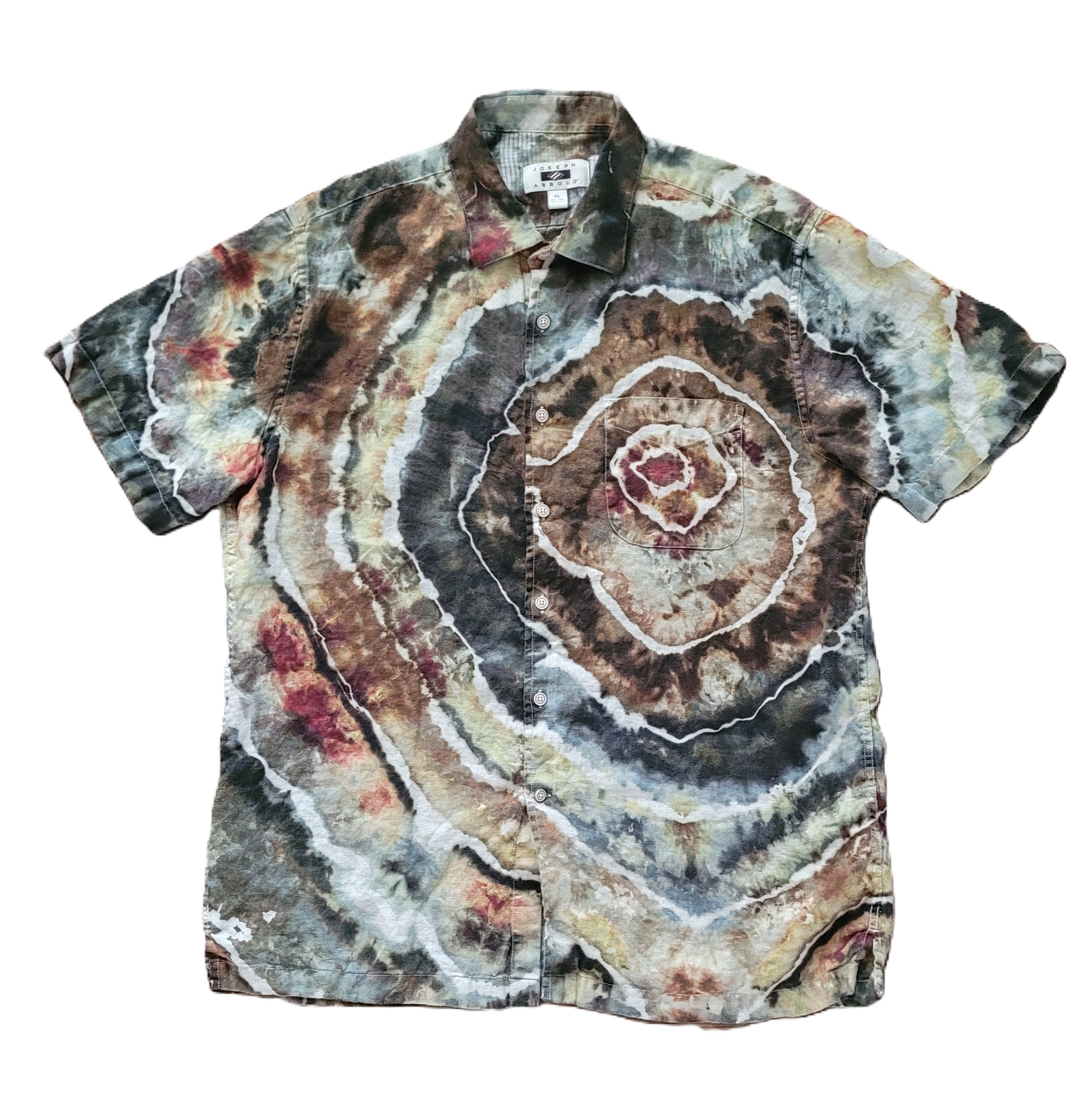 Short-sleeve shirt with a tie-dye pattern on a white background
