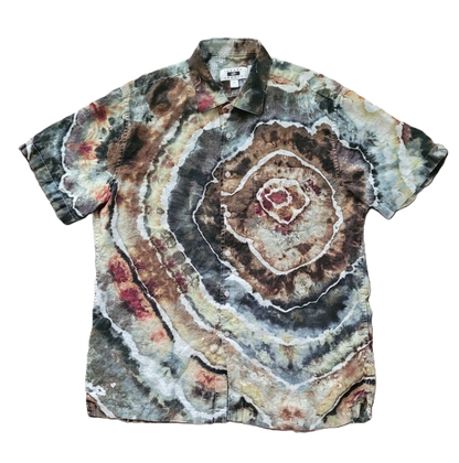 Short-sleeve shirt with a tie-dye pattern on a white background