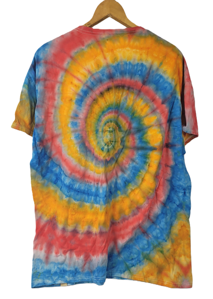 Tie-dye t-shirt with a spiral pattern on a hanger against a white background