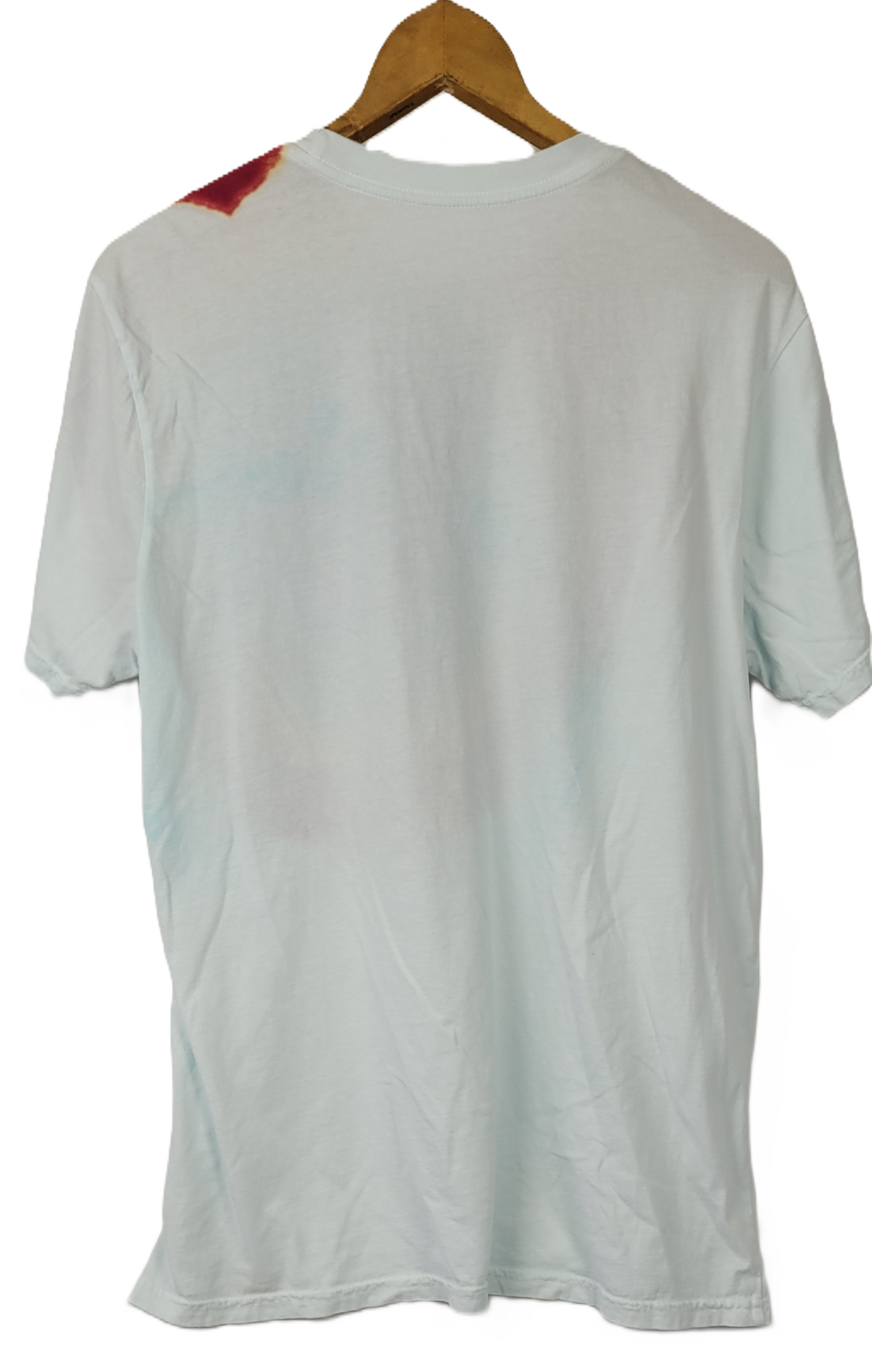 White t-shirt on a wooden hanger.