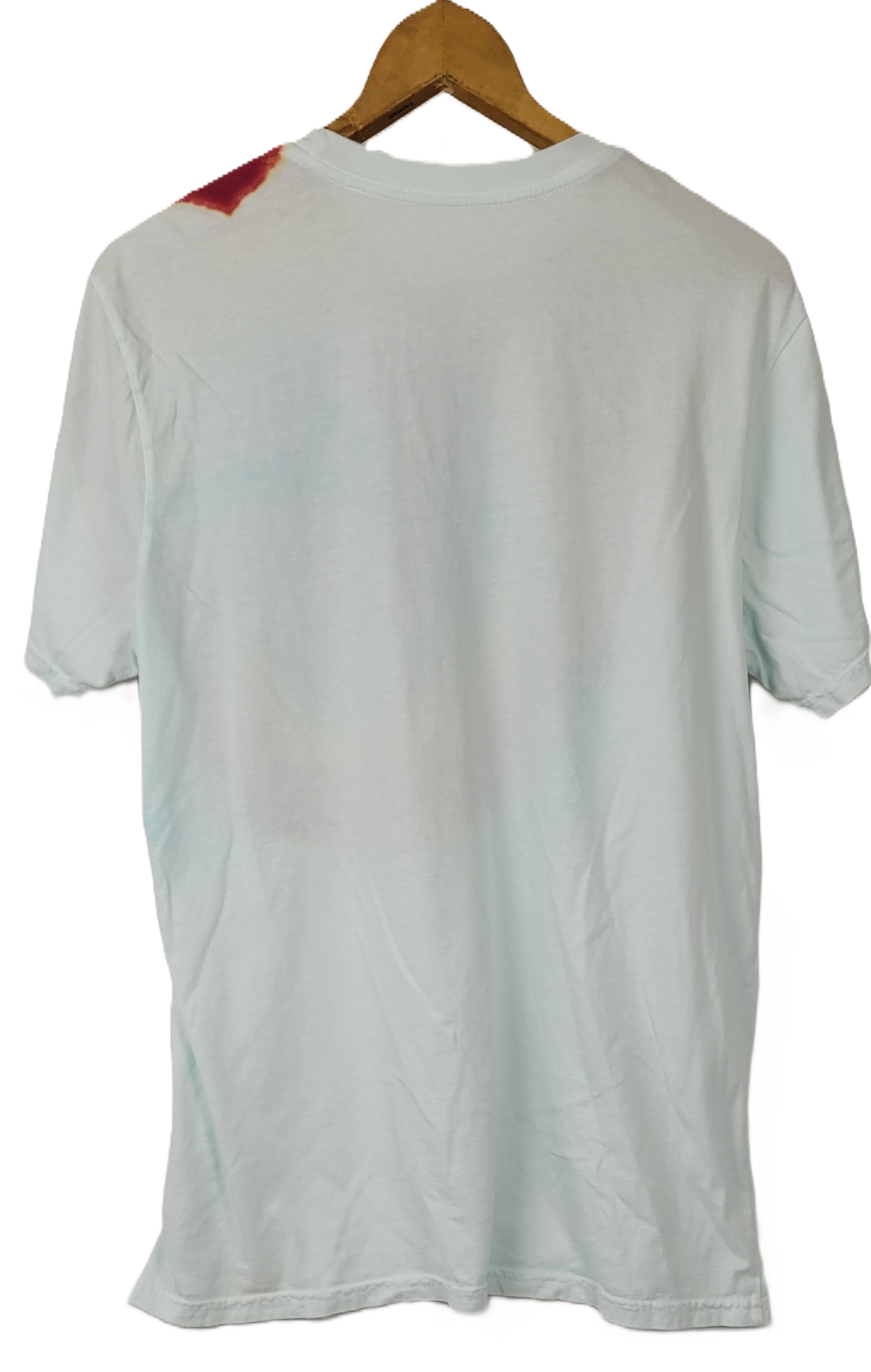 White t-shirt on a wooden hanger.