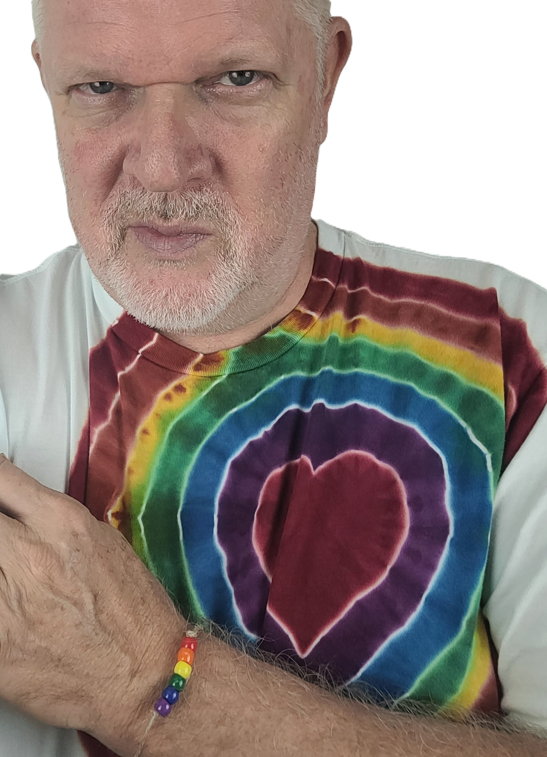 Man wearing a tie-dye shirt with a heart design on a white background