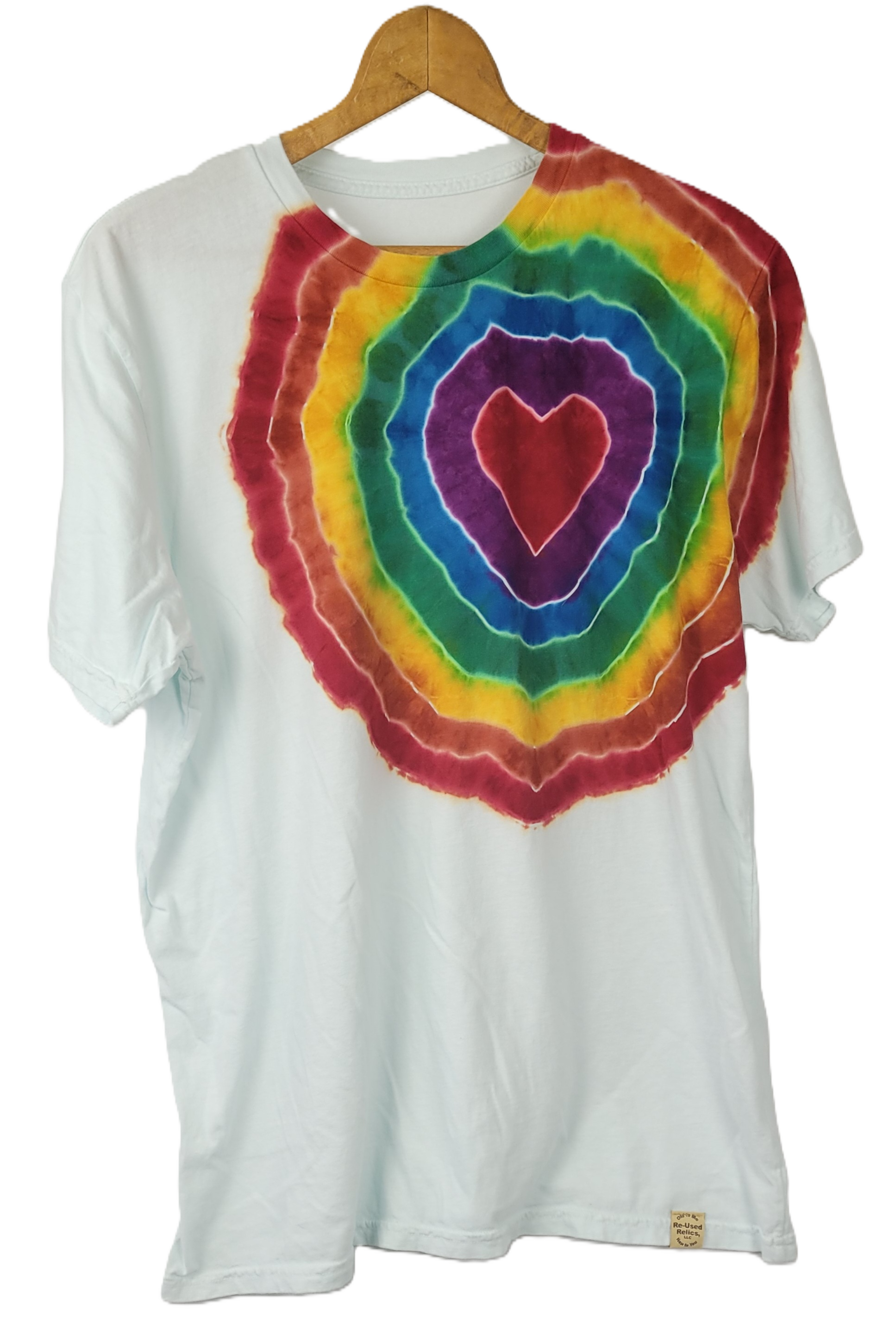 White t-shirt with a colorful tie-dye design featuring a heart on a hanger against a white background.