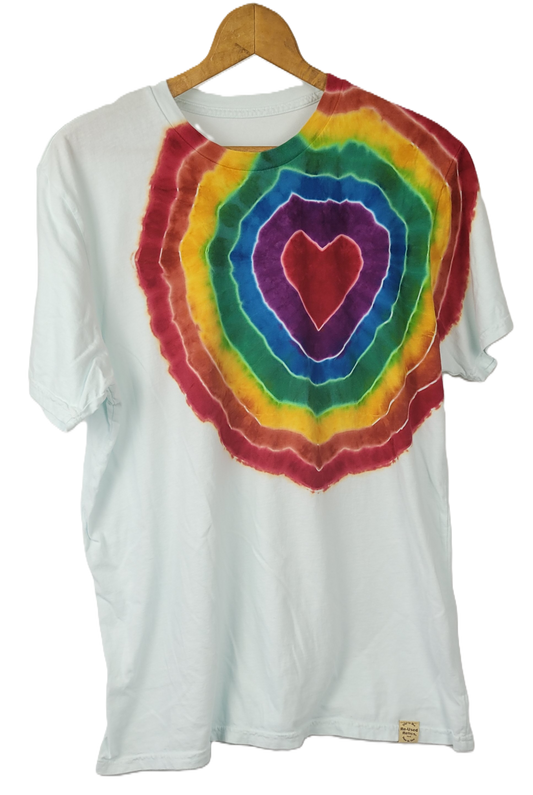 White t-shirt with a colorful tie-dye design featuring a heart on a hanger against a white background.