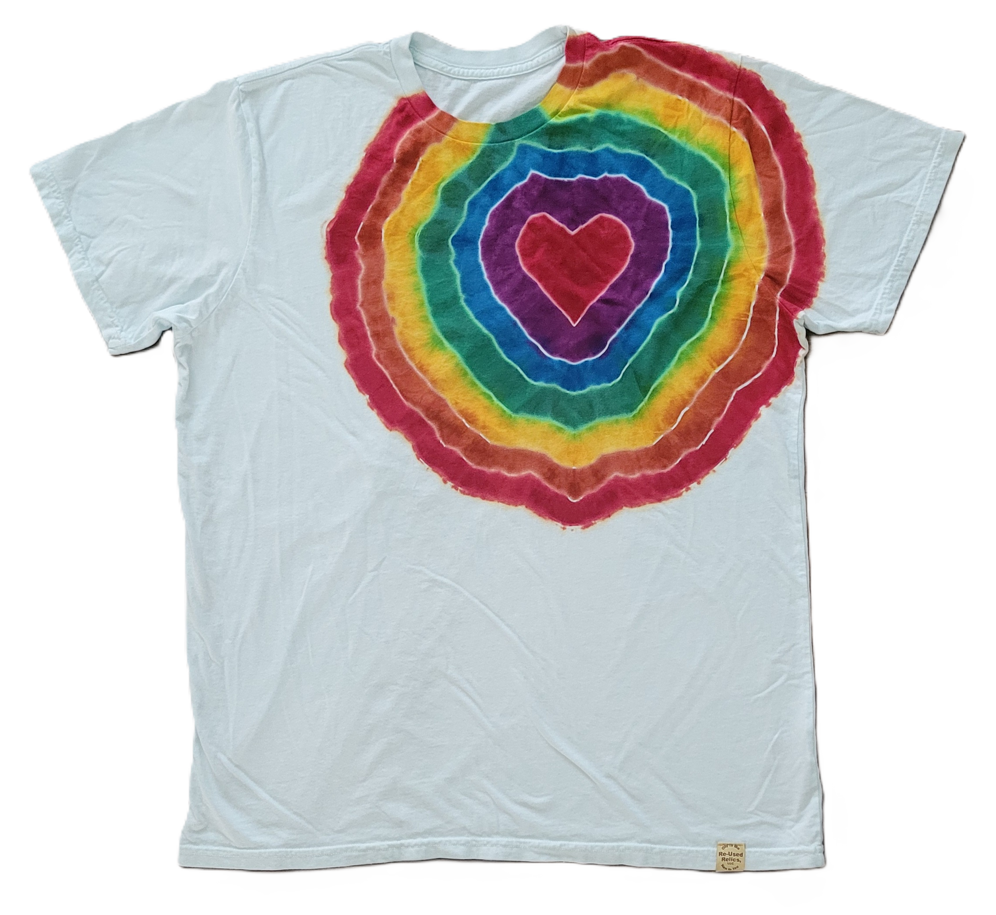 White t-shirt with a colorful tie-dye design featuring a heart in the center on a white background.