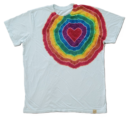 White t-shirt with a colorful tie-dye design featuring a heart in the center on a white background.